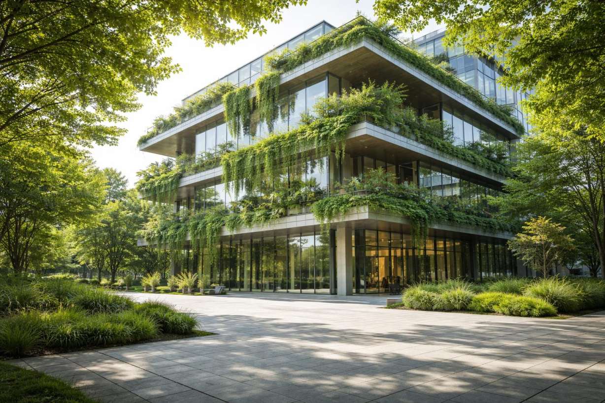 綠建築標章評估示意圖，展示綠建築與自然環境融合的建築外觀。